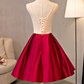 Vintage Red Floral Embroidery Design A-line Lace-up Satin Party Dress Homecoming Dress D1548
