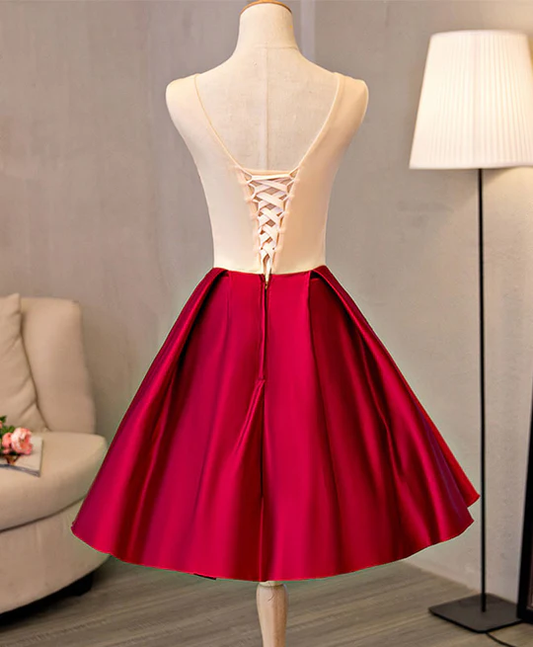 Vintage Red Floral Embroidery Design A-line Lace-up Satin Party Dress Homecoming Dress D1548