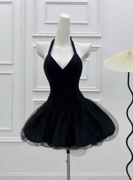 New Homecoming Dress Halter Black Tulle Bowknot Back to School Outfits Party Dress D7601