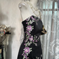 Vintage Black Floral Strapless Design Elegant Sheath Satin Long Evening Dress Prom Dresses D1676