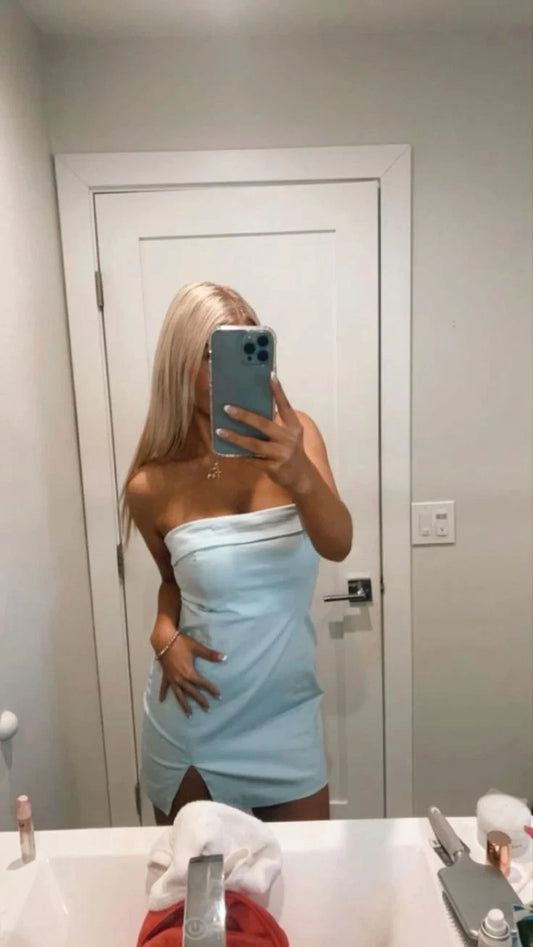 Charming Homecoming Dress Strapless Hugging Slit Back to School Outfits Party Dress D7516