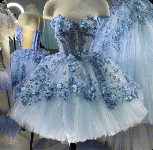 New Homecoming Dress Sweetheart Tulle 3D Flower Applique Back to School Outfits Party Dress D7561