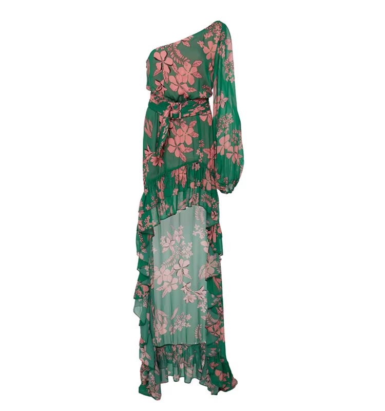 Fashion Green Floral Asymmetric Ruffled Hem Design A-line Party Dress, D1414