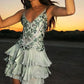 Beautiful Homecoming Dress V Neck Rinestone Applique Cascade Back to School Outfits Party Dress D7134