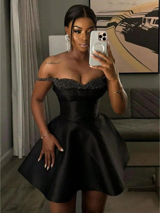 Stunning Homecoming Dress Off the Shoulder Rinestone Black Back to School Outfits Party Dress D6840