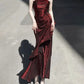 Vintage Burgundy Spaghetti Strap Ruffle Design Elegant A-line Evening Dress Prom Dress D1600