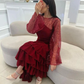 Wine Red Long Sleeves A-Line Tiered Long Formal Prom Dress MD7342