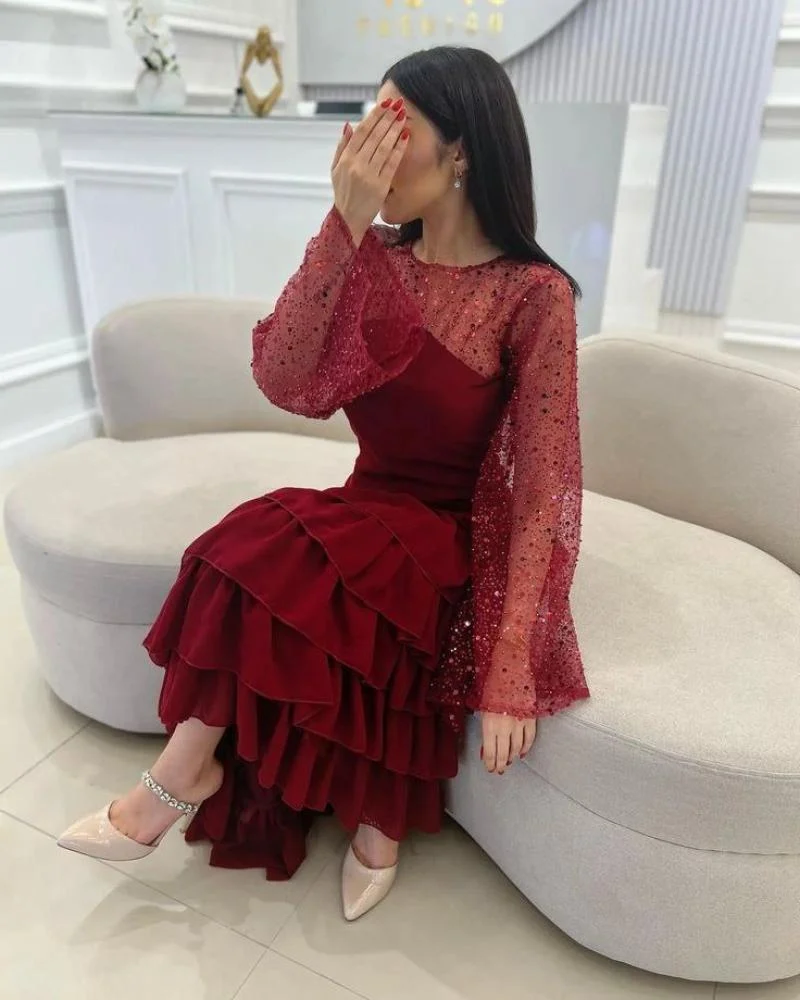 Wine Red Long Sleeves A-Line Tiered Long Formal Prom Dress MD7342