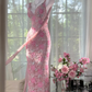 Vintage Gorgeous Pink Floral V-neck Applique Elegant Chiffon Long Evening Dress Prom Dresses D1607