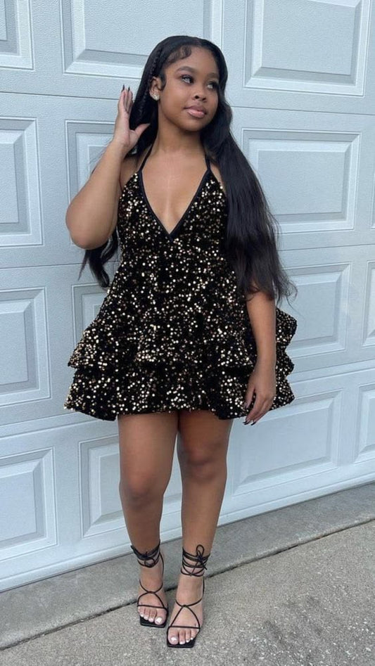 Stunning Homecoming Dress V Neck Black Sequins Cascade Back to School Outfits Party Dress D6837