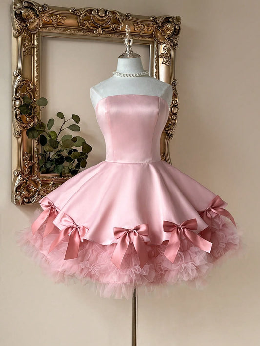 Unique Homecoming Dress Strapless Tulle Bowknot Cascade Back to School Outfits Party Dress  D7743