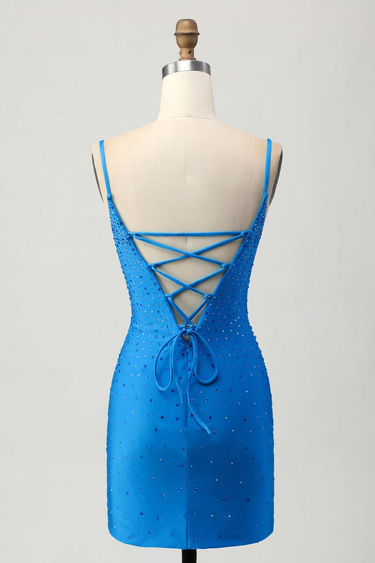 Unique Homecoming Dress Spaghetti Strap Beaded Pleated Back to School Outfits Party Dress D7803