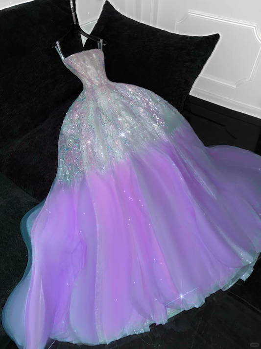Gorgeous Purple Shiny Sequin Princess Dress Elegant A-Line Floor-length Evening Dress Prom Dresses D1661