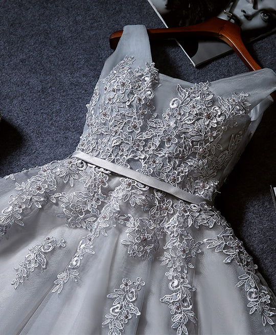Vintage Gray Applique Design A-line Tulle Party Dress Homecoming Dress D1550