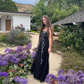 Black Spaghetti Straps A-Line Beading Vintage Long Evening Party Dress, D777