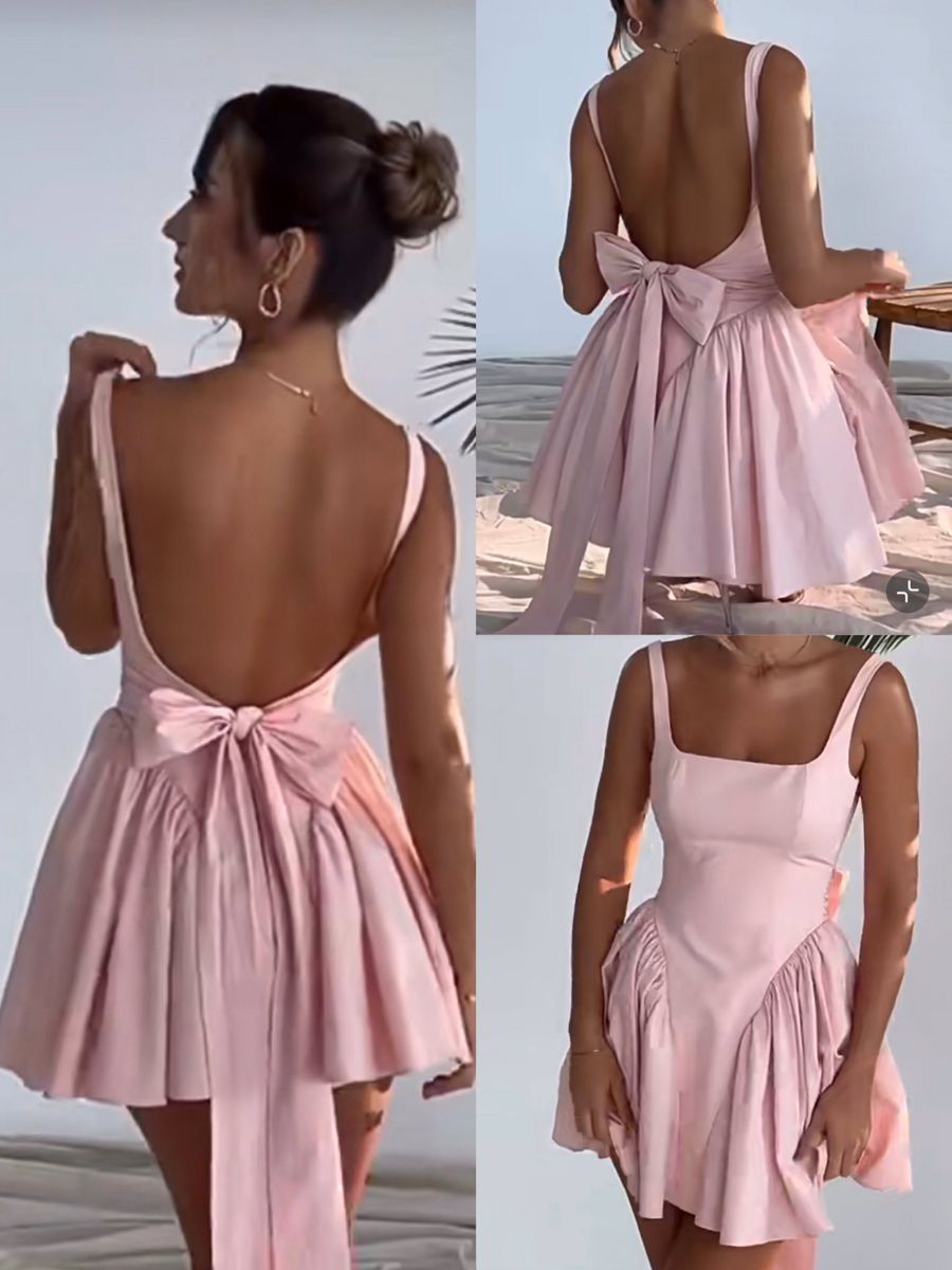 New Homecoming Dress Square Pleated Pink Bowknot Back to School Outfits Party Dress D6680