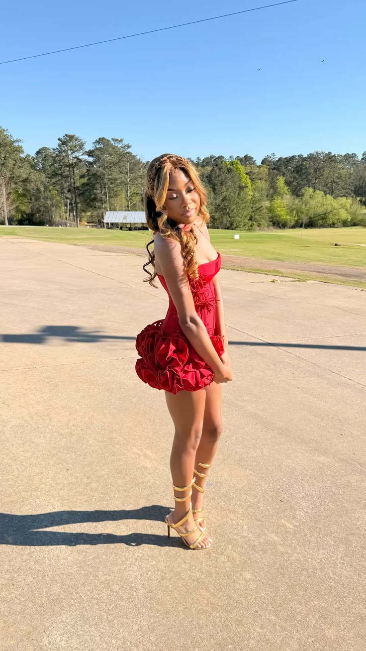 New Homecoming Dress Strapless Red Cascade Back to School Outfits Party Dress D6682