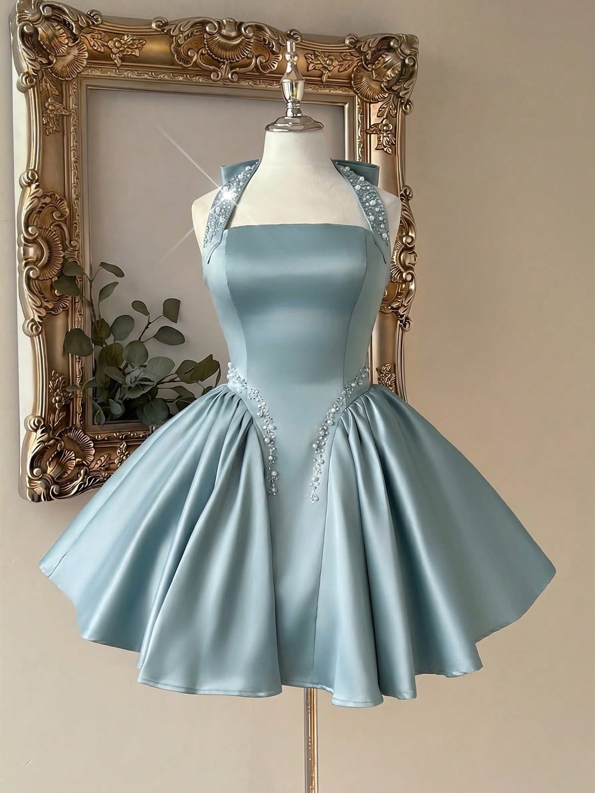 Unique Homecoming Dress Halter Pearl Beaded Back to School Outfits Party Dress D7807