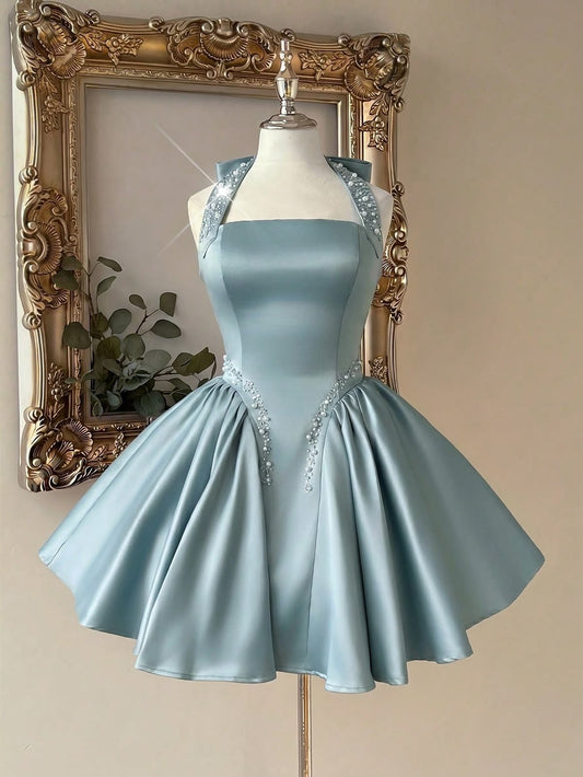 Unique Homecoming Dress Halter Pearl Beaded Back to School Outfits Party Dress D7807