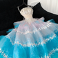 Gorgeous Sparkling Blue Sequin A-Line Elegant Chiffon Evening Dress Prom Dresses Ball Gown D1630
