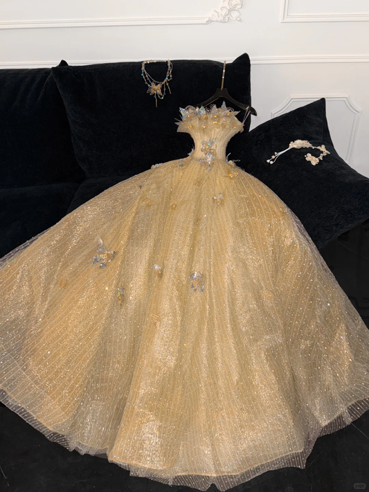 Gorgeous Shiny Yellow Sequin Beaded 3D Butterflies A-Line Floor-length Evening Dress Prom Dresses D1665