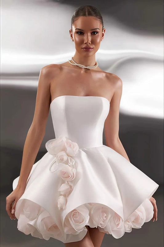 Beautiful Homecoming Dress Strapless Flower Pleated Back to School Outfits Party Dress D7243