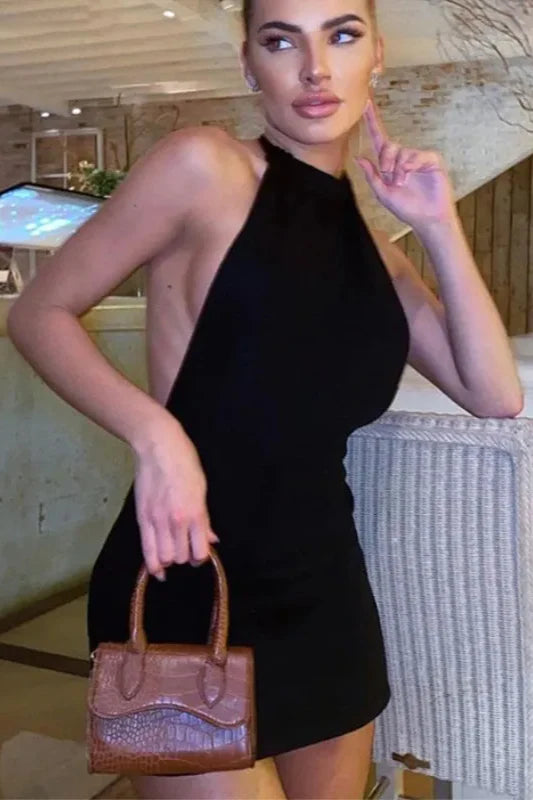 Charming Homecoming Dress Halter Backless Black Hugging Back to School Outfits Party Dress D7463