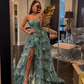 Glitter Blue Strapless A-Line Lace Tiered Long Prom Dress with Split MD7326