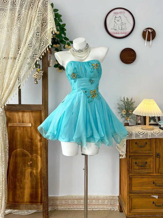 Beautiful Homecoming Dress Strapless Pleated Rinestone Back to School Outfits Party Dress D7283