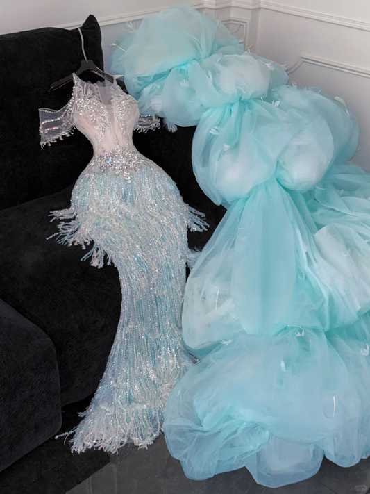 Shiny Light Blue Beaded Sequined Design Mermaid Prom Dress Evening Dress D1689