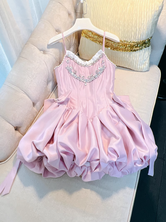 Chic Pink Spaghetti Strap Beading A-line V-neck Party Dresses Homecoming Dresses, D1339