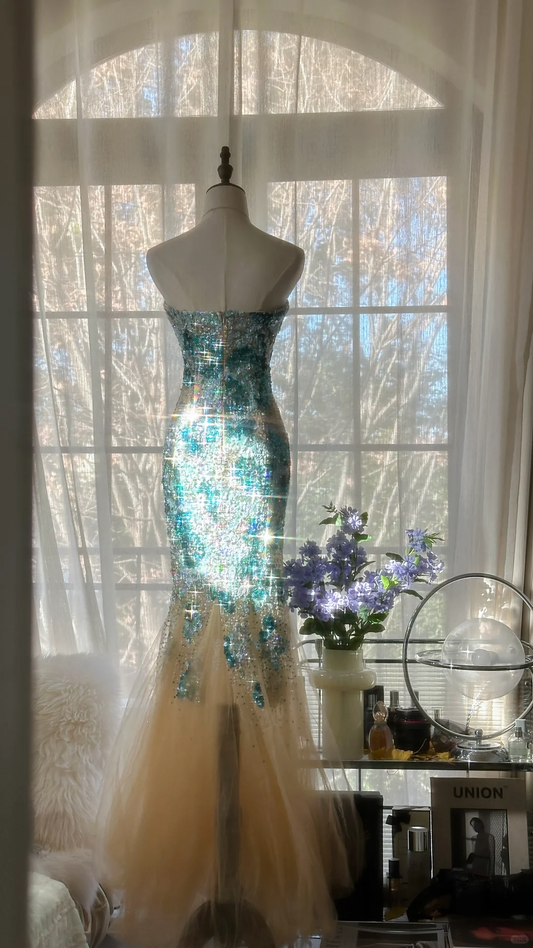 Gorgeous Mermaid Blue-green Sparkling Strapless Elegant Beaded Shinny Chiffon Evening Dress Prom Dress D1469