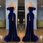 Royal Blue One Shoulder Velvet Split Long Prom Dress Evening Dress M4925