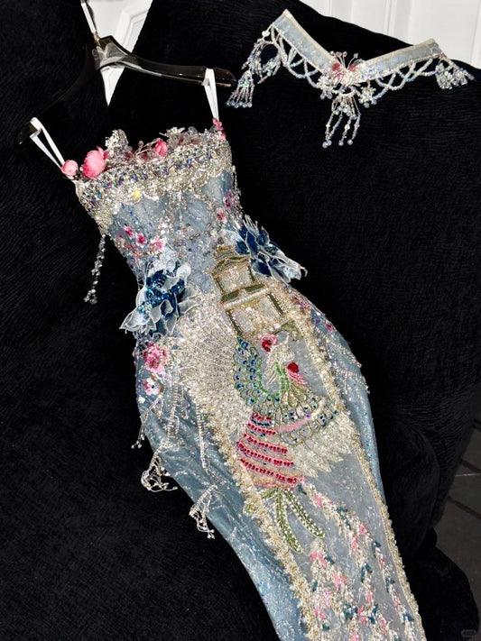 Chic Spaghetti Strap Embroidery Sequins Hugging Mermaid Flower Rinestone Long Party Dress Prom Gown Evening Dress D7490