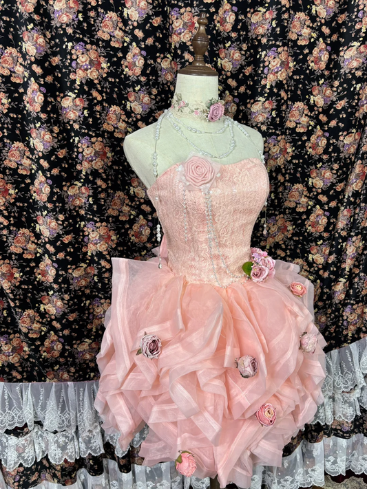 Pink Strapless Applique Beading 3D Flowers Short A-line Tulle Homecoming Dresses Party Dresses, D1429