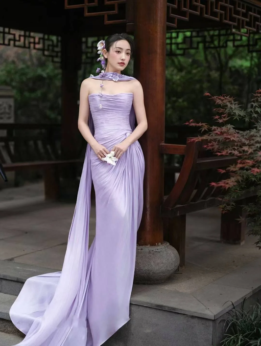 Elegant Light Purple Strapless Sheath Chiffon Long Evening Dress Prom Dresses D1659