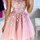 Elegant Homecoming Dress Halter Lace Flowers Short Prom Dress Back to School Outfits Party Dress  D6099