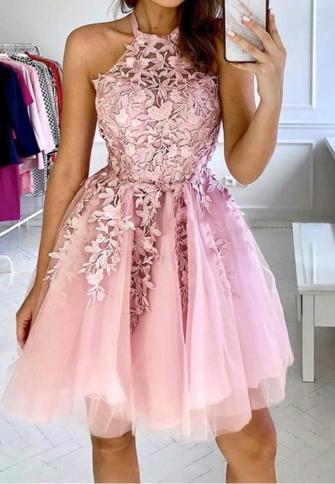Elegant Homecoming Dress Halter Lace Flowers Short Prom Dress Back to School Outfits Party Dress  D6099