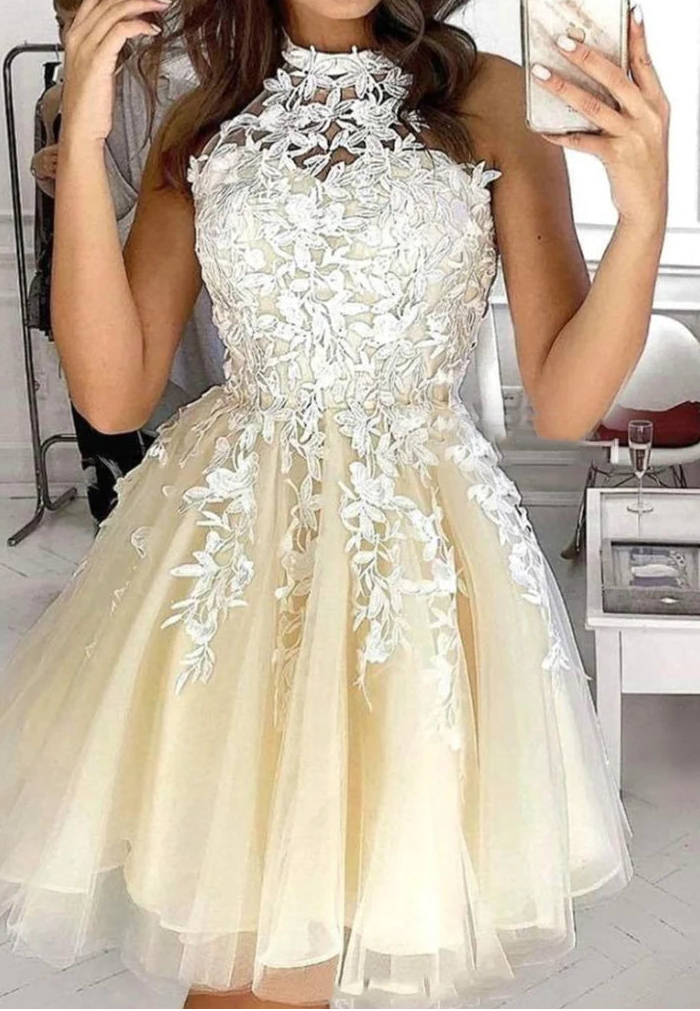 Elegant Homecoming Dress Halter Lace Flowers Short Prom Dress Back to School Outfits Party Dress  D6099