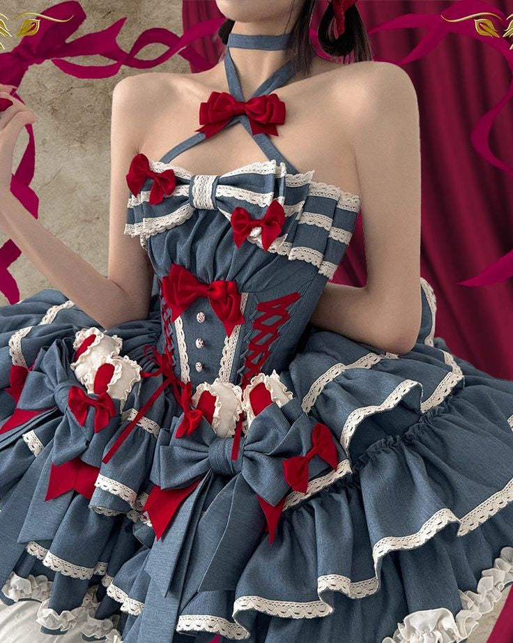 Unique Homecoming Dress Halter Cascade Bowknot Back to School Outfits Party Dress  D7722