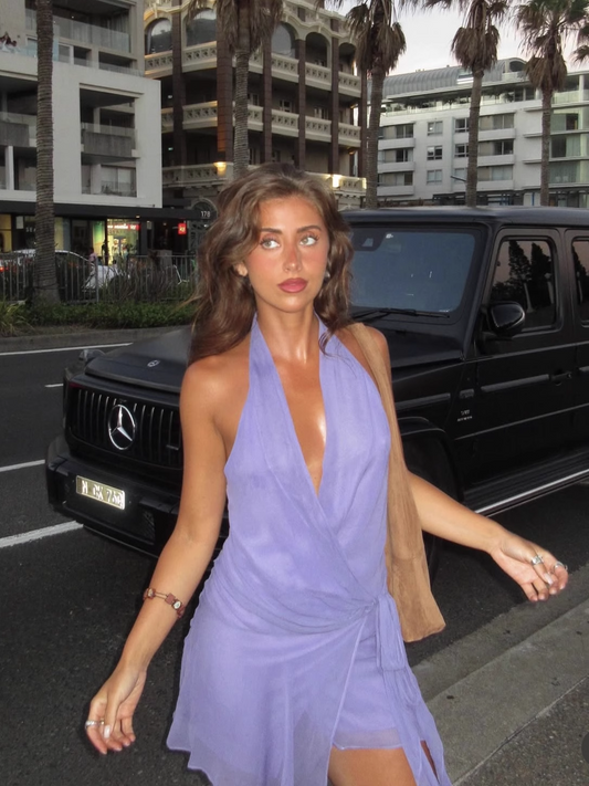 Simple Purple V-neck Halter Dress Design A-line Tulle Party Dress Homecoming Dress, D1375