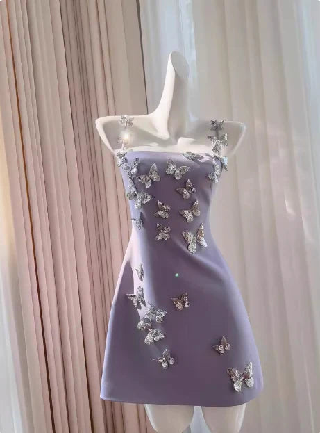 New Homecoming Dress Spaghetti Strap Butterfly Back to School Outfits Party Dress D7608
