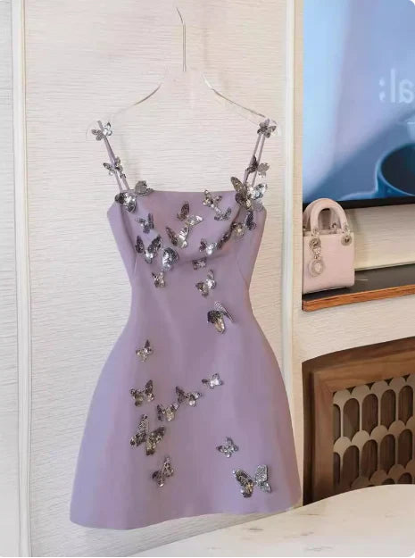 New Homecoming Dress Spaghetti Strap Butterfly Back to School Outfits Party Dress D7608