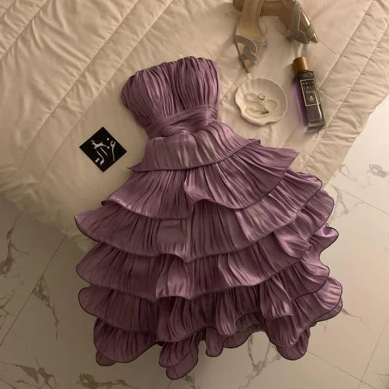 New Homecoming Dress Ball Gown Strapless Cascade Pleated Back to School Outfits Party Dress D7530