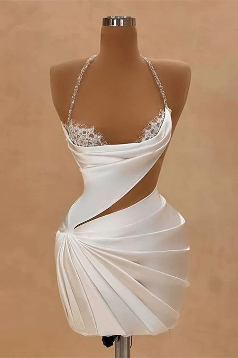 New Homecoming Dress Halter Lace Pleated Bead Back to School Outfits Party Dress D7586