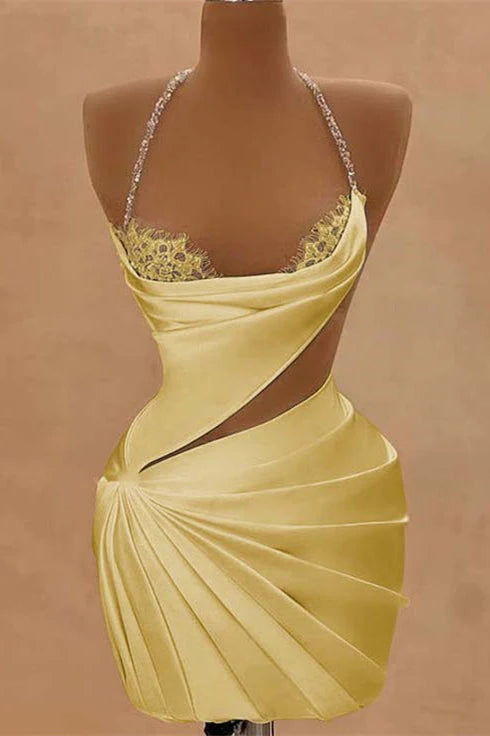 New Homecoming Dress Halter Lace Pleated Bead Back to School Outfits Party Dress D7586