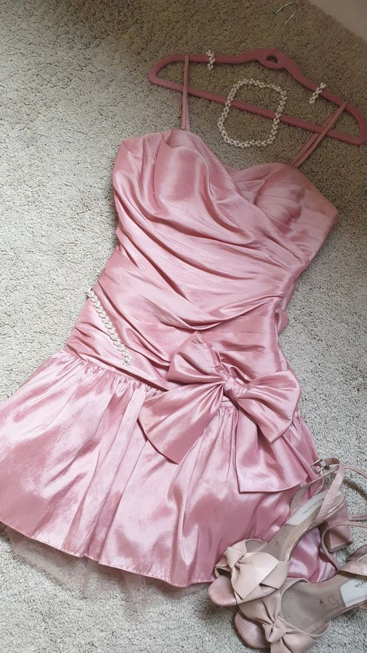 Charming Homecoming Dress Spaghetti Strap Bowknot Pleated Back to School Outfits Party Dress D7291