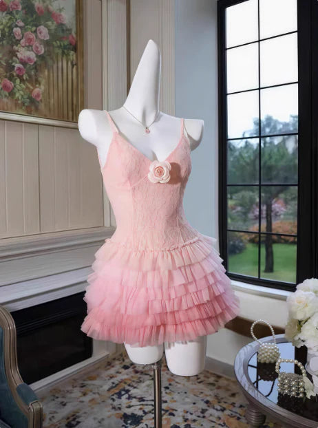 New Homecoming Dress Spaghetti Strap Lace V-Neck Tulle Cascade Flower Back to School Outfits Party Dress D7599