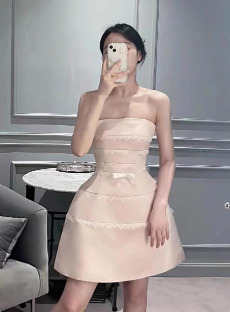 New Homecoming Dress Spaghetti Strap Lace Bowknot Back to School Outfits Party Dress D7613