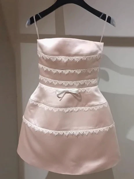 New Homecoming Dress Spaghetti Strap Lace Bowknot Back to School Outfits Party Dress D7613